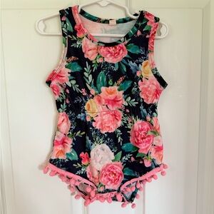 Adorable Navy Romper w/ Pink Floral & Green Accents - Size 12-18 months